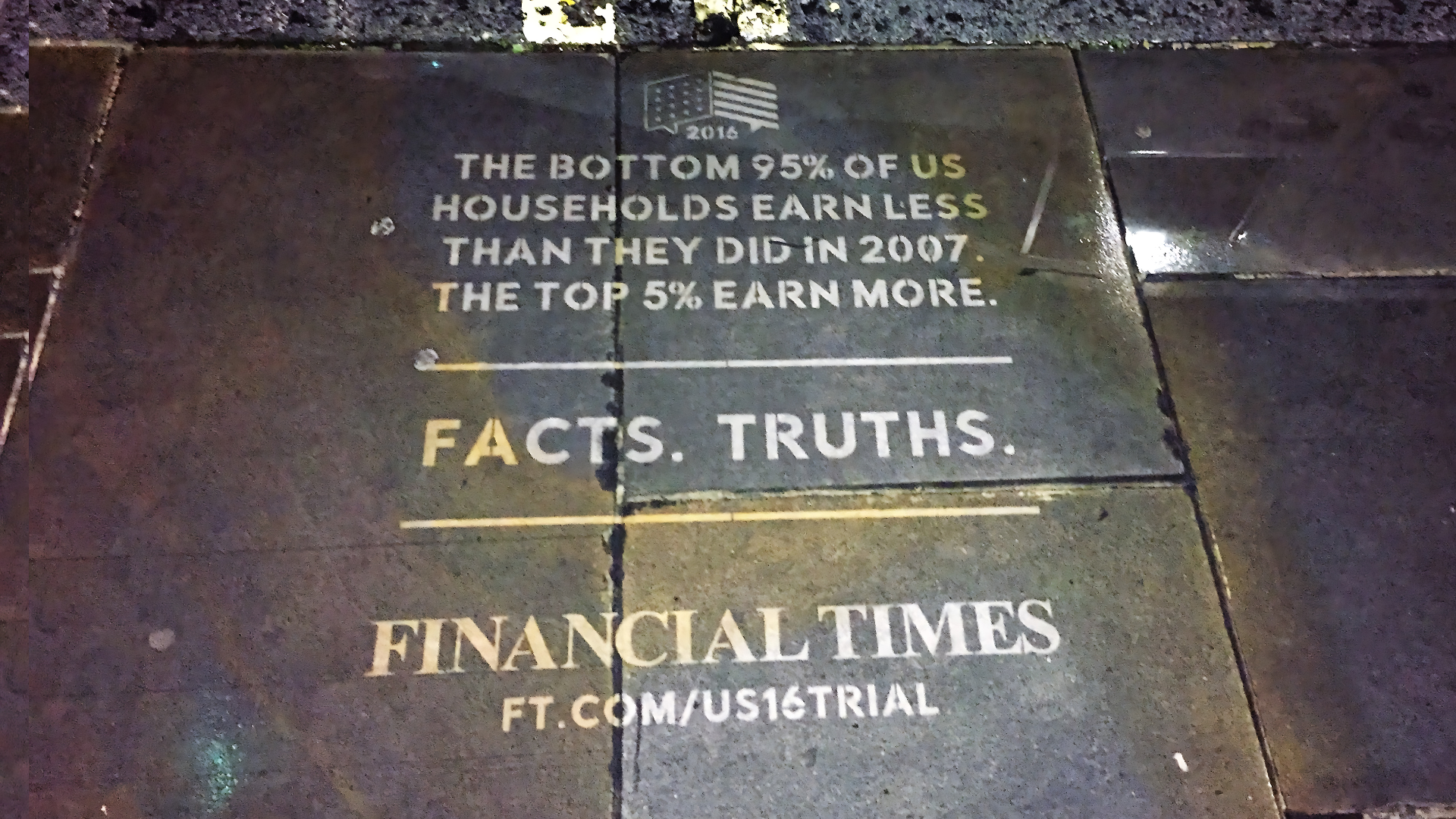 Clean advertising reverse graffiti stencil for the Financial Times, reading 'Facts. Truths.', cleaned into a dark pavement surface at night.