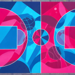Close-up view of vibrant pink and blue temporary eco-paint applied to stone paving, forming the lines and colors of a pop-up basketball court.